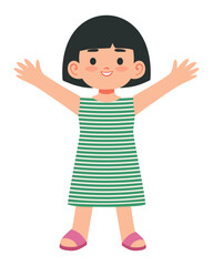 Smiling happy little girl with raised arms in striped dress. Perfect for kids design, nursery decor, education materials, greeting cards, posters and parenting themed projects. 