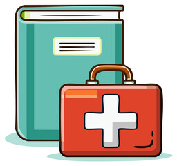 Obraz premium Cartoon illustration of a first aid kit and a medical textbook with a health symbol
