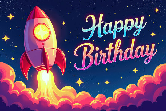 A colorful rocket ship soars through the night sky, surrounded by stars and clouds, with a bright Happy Birthday message in gradient text.