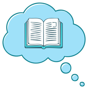 Doodle of an open book inside a blue thought cloud for education and imagination