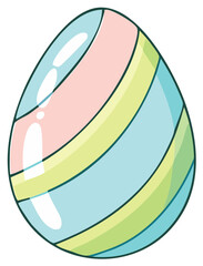Decorated Easter egg with pastel diagonal stripes in pink, light green, and baby blue colors on isolated background