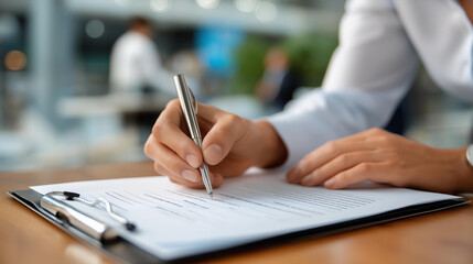 Fototapeta premium Close up hands filling report claim form clipboard insurance agent documenting accident information shown professional environment with form completion visible office or field