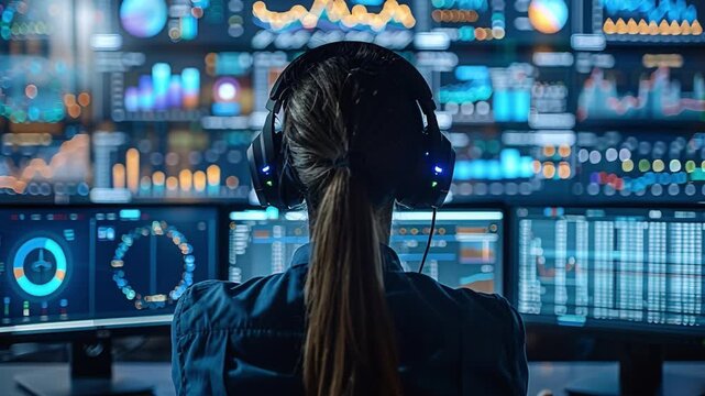 A focused data analyst pours over colorful graphs and data points on multiple computer screens in a dimly lit office environment late at night, working intently with utmost concentration and precision