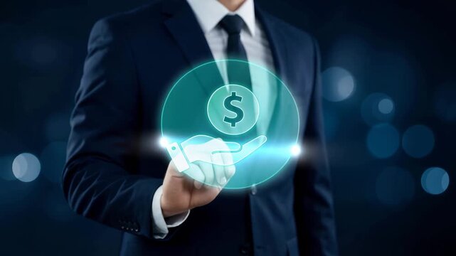 Businessman Touching Dollar Income Icon Above Hand Representing Revenue Generation, Financial Growth Strategy, Profit Increase Model, Digital Monetization System, Investment Success Plan, Video