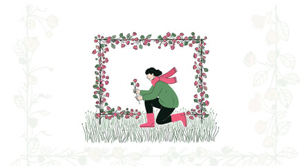 Woman Planting Flowers in Garden Frame, Spring Floral Illustration