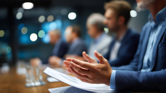 Hands presenting annual report to meeting attendees business executive showing financial presentation to group professional gathering with shareholder meeting shown conference