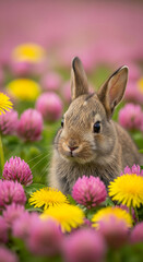 Fototapeta premium Close-up of furry brown rabbit surrounded by pink and yellow flowers, evoking spring and nature, ideal for concepts of wildlife, growth, or Easter