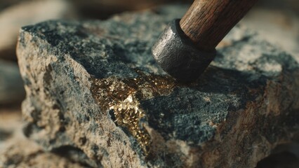 Gold ore being prospected with a hammer