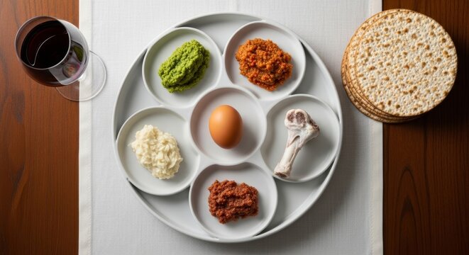 Traditional Passover Seder plate with symbolic food items arranged for the holiday meal. Jewish culture and religious commemoration.