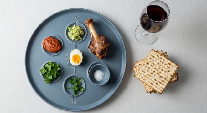 Traditional passover seder plate with symbolic foods, matzah, and red wine. Jewish holiday celebration concept.