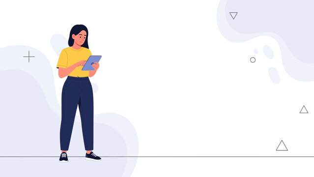 Woman using tablet computer, modern flat illustration, concept of technology, communication, work