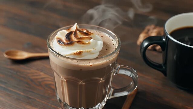 A steaming glass of rich hot chocolate topped with a layer of caramelized burnt cream, served alongside coffee