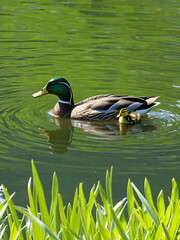 Obraz premium Adventures of a Mallard Mama and Her Ducklings in a Canadian Lake