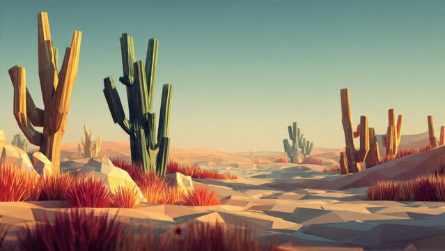 Low Poly Desert Landscape with Cacti