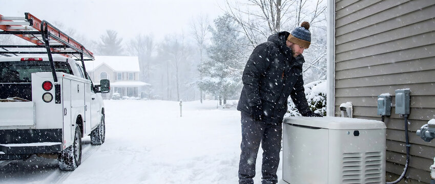 Technician repairing a home standby generator in winter during a snowstorm, residential service van in the background, backup power maintenance