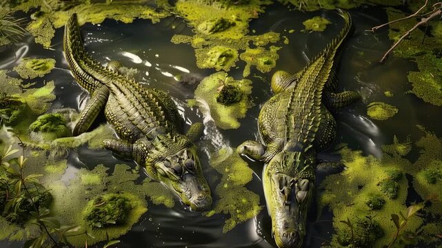Two Alligators Submerged in Murky Swamp Water with Algae, Waiting to Strike 4K Video