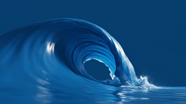 Powerful Blue Ocean Wave Crashing and Splashing in Slow Motion on a Dark Blue Background.