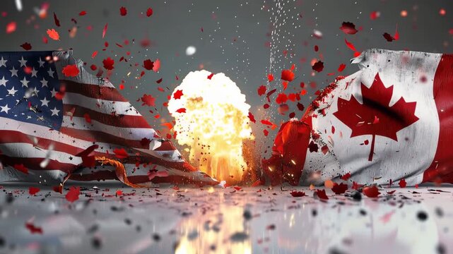 USA Canada flag explosion, conflict concept video, symbolic national conflict, torn flags, debris, fire burst 4K Video