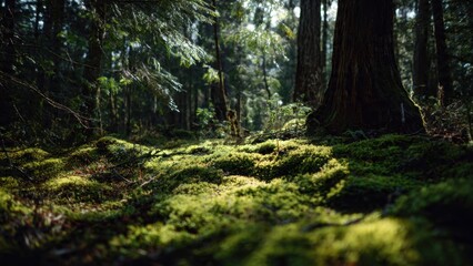 Obraz premium Sunlit mossy forest floor in serene woodland
