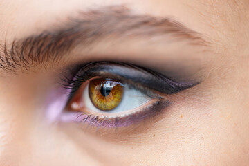 Fototapeta premium Macro Shot of a Hazel Eye with Subtle Black Eyeliner and Lavender Undertones, Capturing the Intricate Details of the Iris and the Smoothness of the Skin