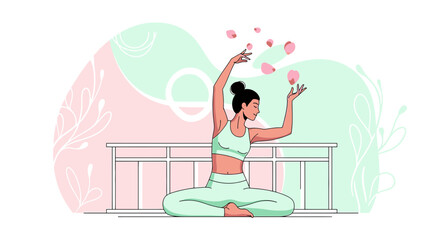 Woman Meditating in Yoga Pose with Floating Petals, Pastel Abstract Background
