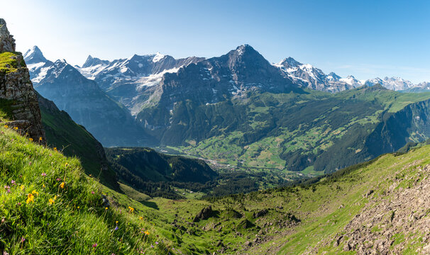 Iconic Eiger and Jungfrau mountains above Grindelwald valley in the Bernese highland