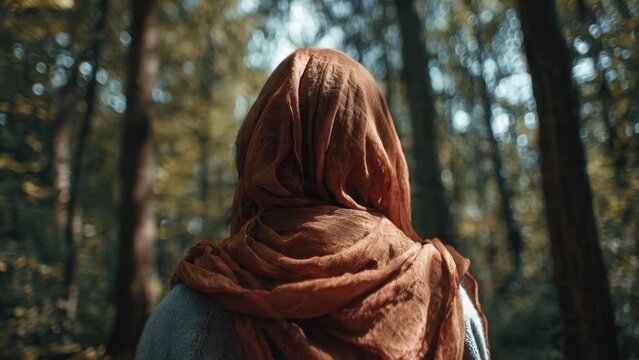 Woman in Brown Scarf in Forest