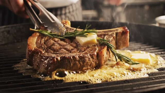 Chef basting juicy ribeye steak with butter and rosemary on hot grill pan