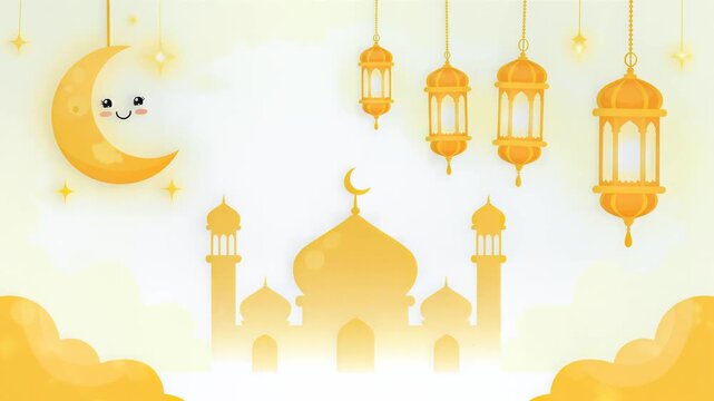 Golden Ramadan Kareem Islamic Bumper Crescent Moon Mosque Lantern Eid Gift Background
