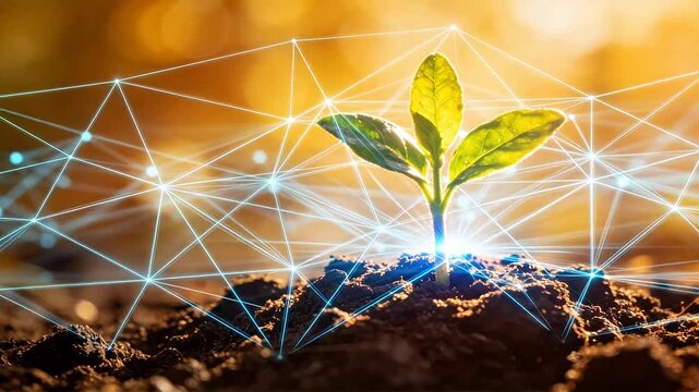 Young plant growing in soil with network overlay