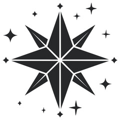 Obraz premium Stylized eight point star symbol with sparkling starry elements in monochrome black and white