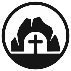 Obraz premium Empty Tomb with Cross Icon in Black and White Round Shape, Representing Resurrection and Faith