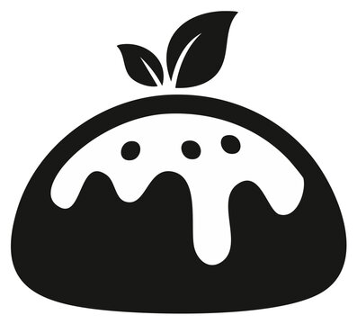 Minimalist Pudding Icon with Cream Drizzle and Leaf Garnish  Black and White Simple Pastry Dessert Symbol