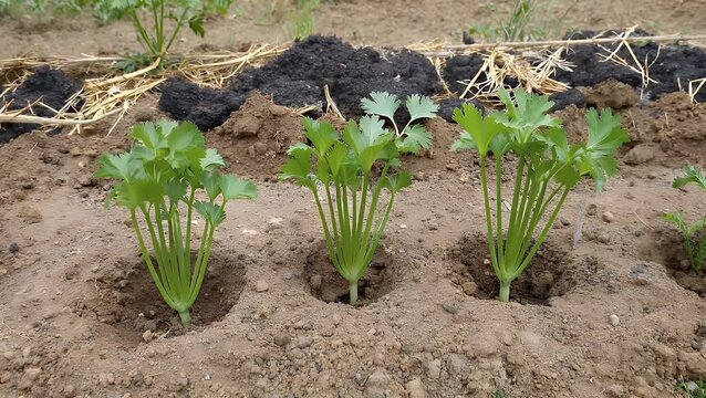 The developmental stages and cultivation of a cluster of edible tuberous vegetables in a cultivated garden bed