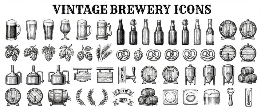 Exploring vintage brewery icons showcasing the art of brewing, hops, and traditional craftsmanship in a delightful collection