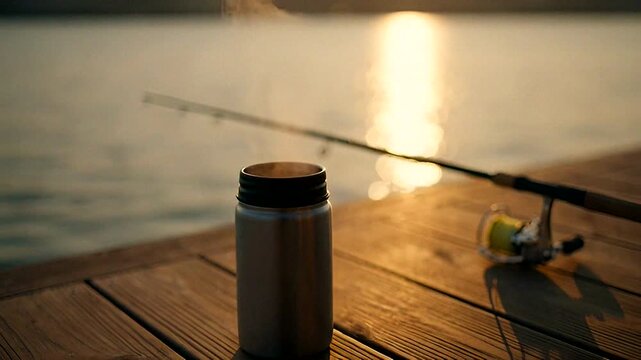 Steam rises from a thermos on a dock beside a fishing rod during a serene sunset by the water.
