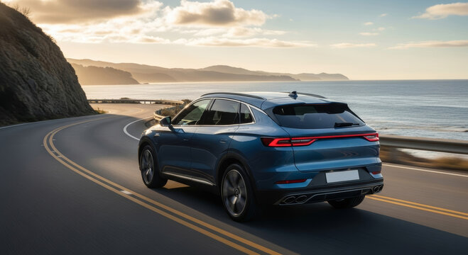 Blue modern SUV driving on a winding scenic coastal road during golden hour at sunset