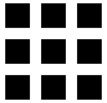 Explore modularity with this minimalist 3x3 grid of black squares. A versatile symbol for structure, organization, and web design. Ideal for modern UI concepts and graphic layouts.