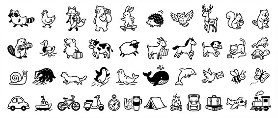 Obraz premium Fun and playful black and white doodles of animals and objects showcasing a whimsical adventure in a cartoon world