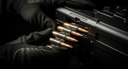 Obraz premium Ammunition loading process with gloved hands placing bullets into a heavy machine gun. Close up detailed view of ammunition loading into automatic weapon magazine, showing individual cartridges.