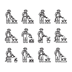 Fototapeta premium Gardener Watering Plants Icons: Diverse Actions and Growths, Line Art Style