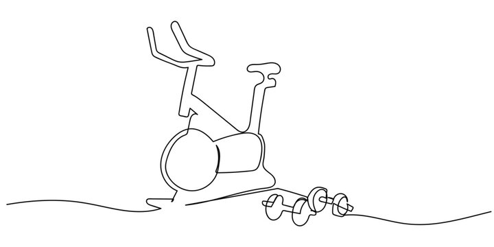 Single continuous line art style exercise bike and dumbbells. Line art Illustration Editable stroke.