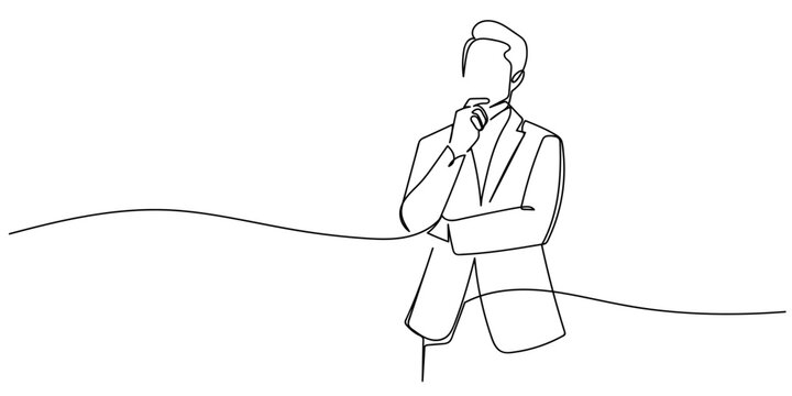 Single continuous line art style: Business person in a thoughtful pose. Line art Illustration Editable stroke.