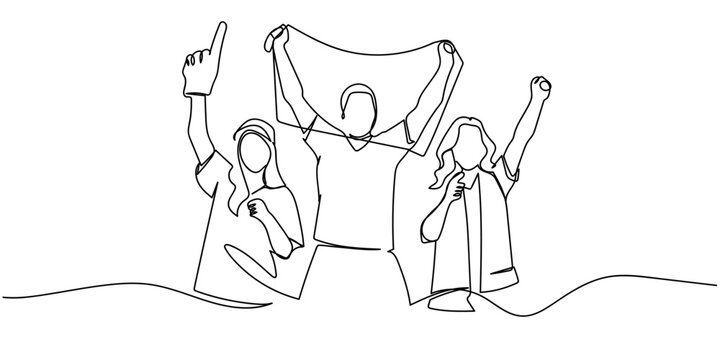 Single continuous line art style: A group of people cheering at a sporting event. Line art Illustration Editable stroke.