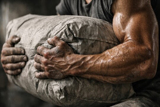 Muscular arms lifting a heavy dusty sack. The image conveys hard labor, strength and physical endurance through sweaty skin and dirty hands. Ideal for construction, fitness or industrial themes.