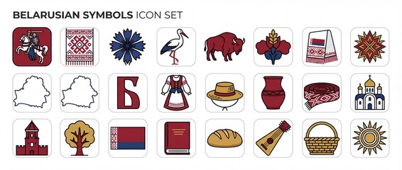Discover vibrant Belarusian culture through a colorful icon set filled with symbols representing tradition and heritage from the country