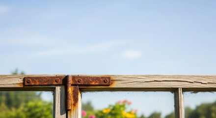 Old wooden frame features rusty metal hinge on weathered timber, set against clear blue sky and lush green foliage. Old wooden frame provides rustic texture and natural light for backgrounds.