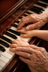 Fototapeta premium Elderly hands and child hands rest on piano keys. A tender scene of teaching and connection across generations. Ideal for projects on family, education, and aging.