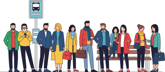 Diverse group of people waiting at a bus stop in winter clothing © 47 Visual