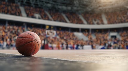 Naklejka premium close-up of a basketball on the court in front of an empty stadium